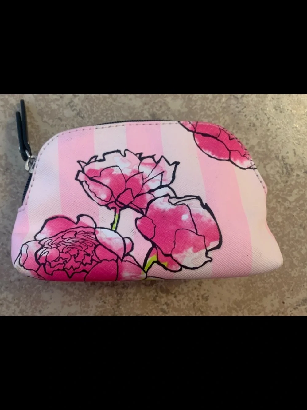 “Victoria's Secret” Wallet Pouch. Pink Striped Design w/ Large Floral Peony Prin - Picture 2 of 5